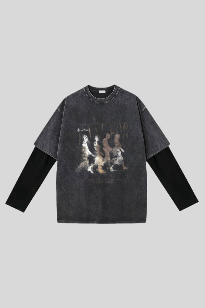 Washed Blurred Portrait Layered Long Sleeve T-Shirt
