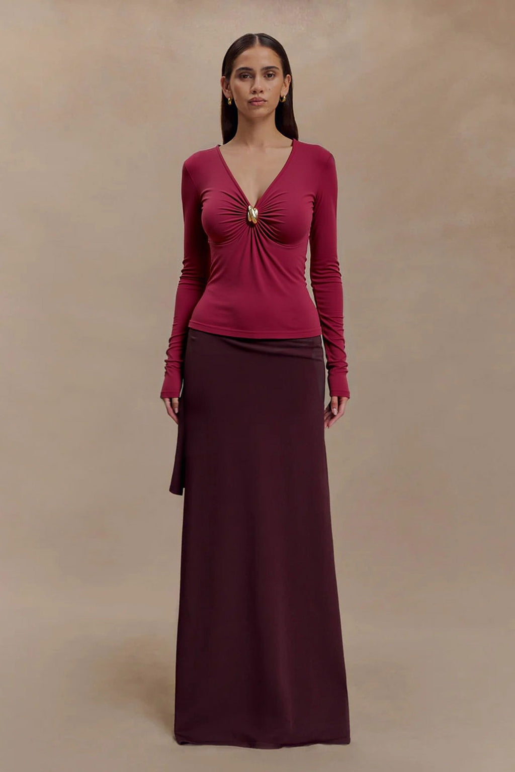 Wine Red V Neck Bodycon Long Sleeve Tee