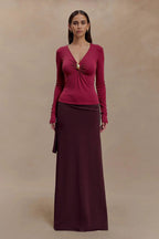 Wine Red V Neck Bodycon Long Sleeve Tee
