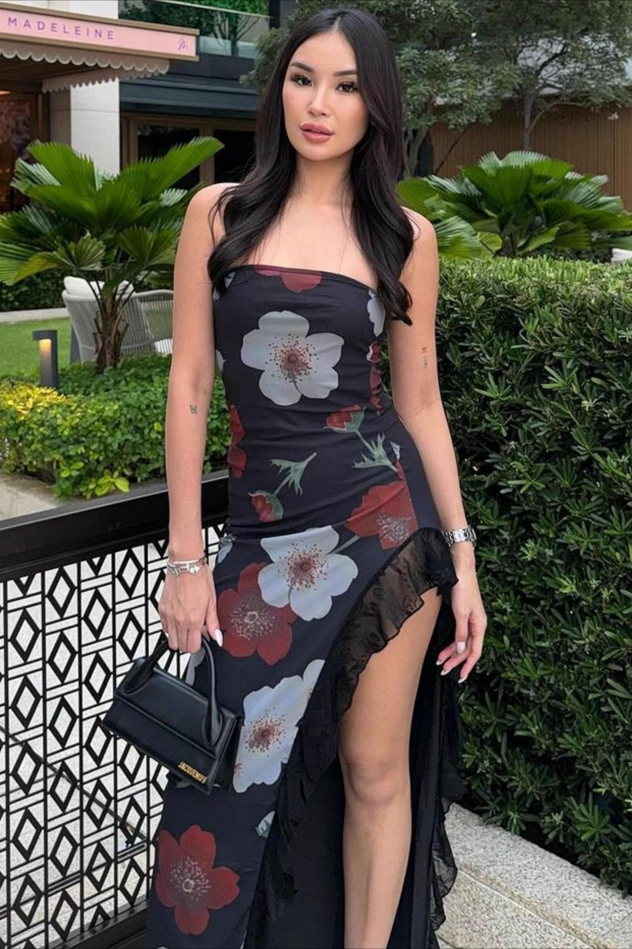Off Shoulder Mesh Strapless Slit Slim Floral Dress Main image