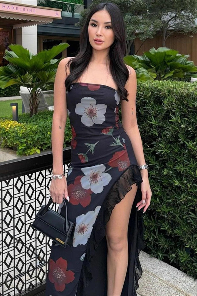 Off Shoulder Mesh Strapless Slit Slim Floral Dress Main image