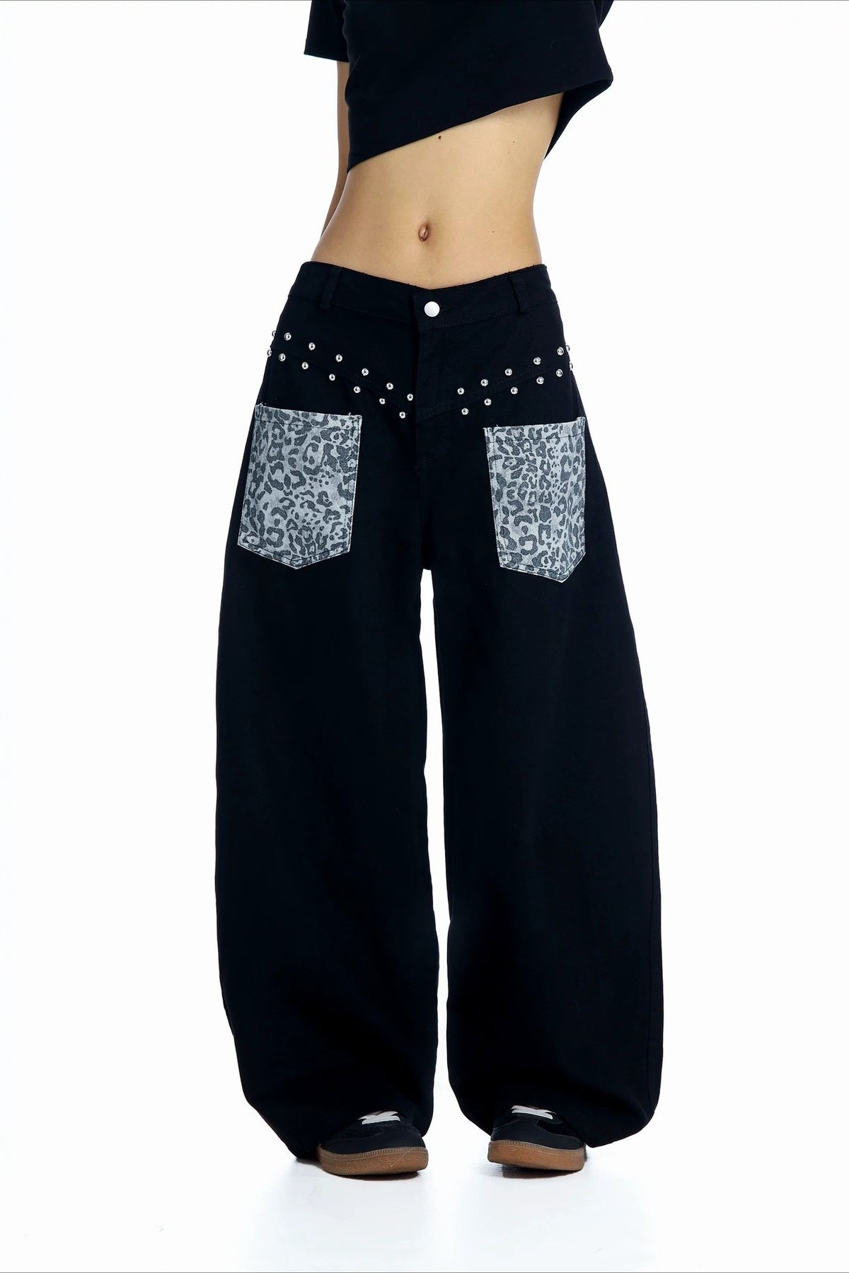 Leopard Pocket Stud Wide Leg Jeans