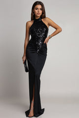 Velvet Sequin Slit Midi Bodycon Dress