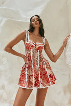 Lace Trim V Neck Linen Vacation Dress