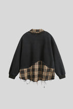 Distressed Plaid Layered Polo Collar Oversized Sweatshirt