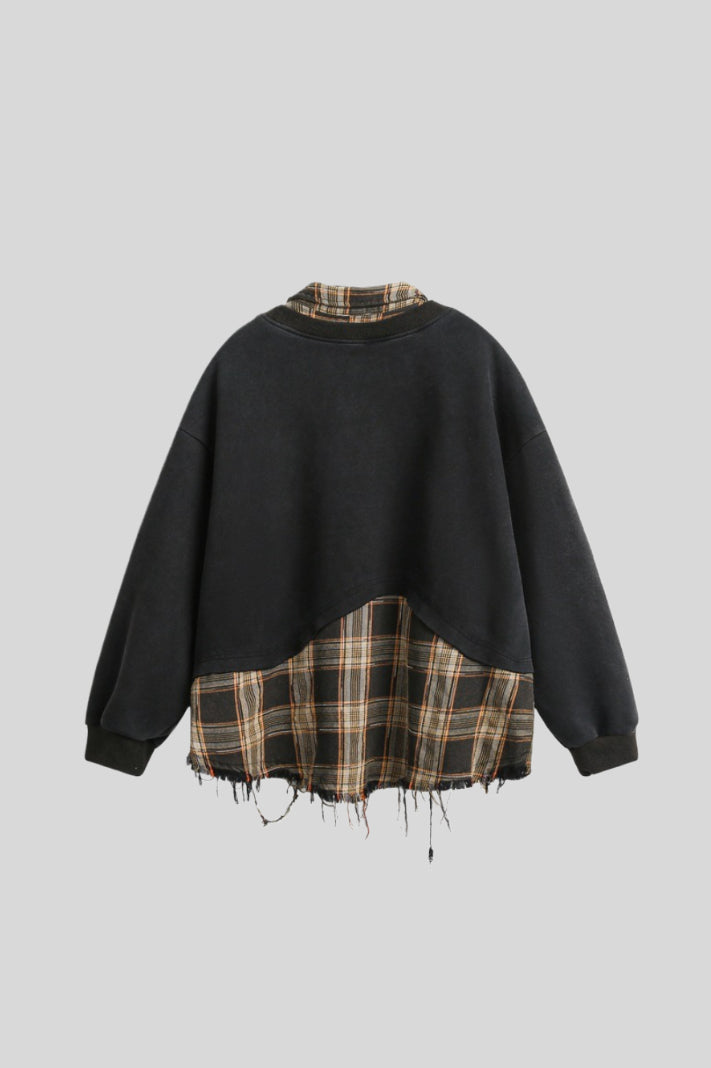 Distressed Plaid Layered Polo Collar Oversized Sweatshirt