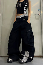 Leopard Waist Cross Patch Wide Leg Cargo Pants