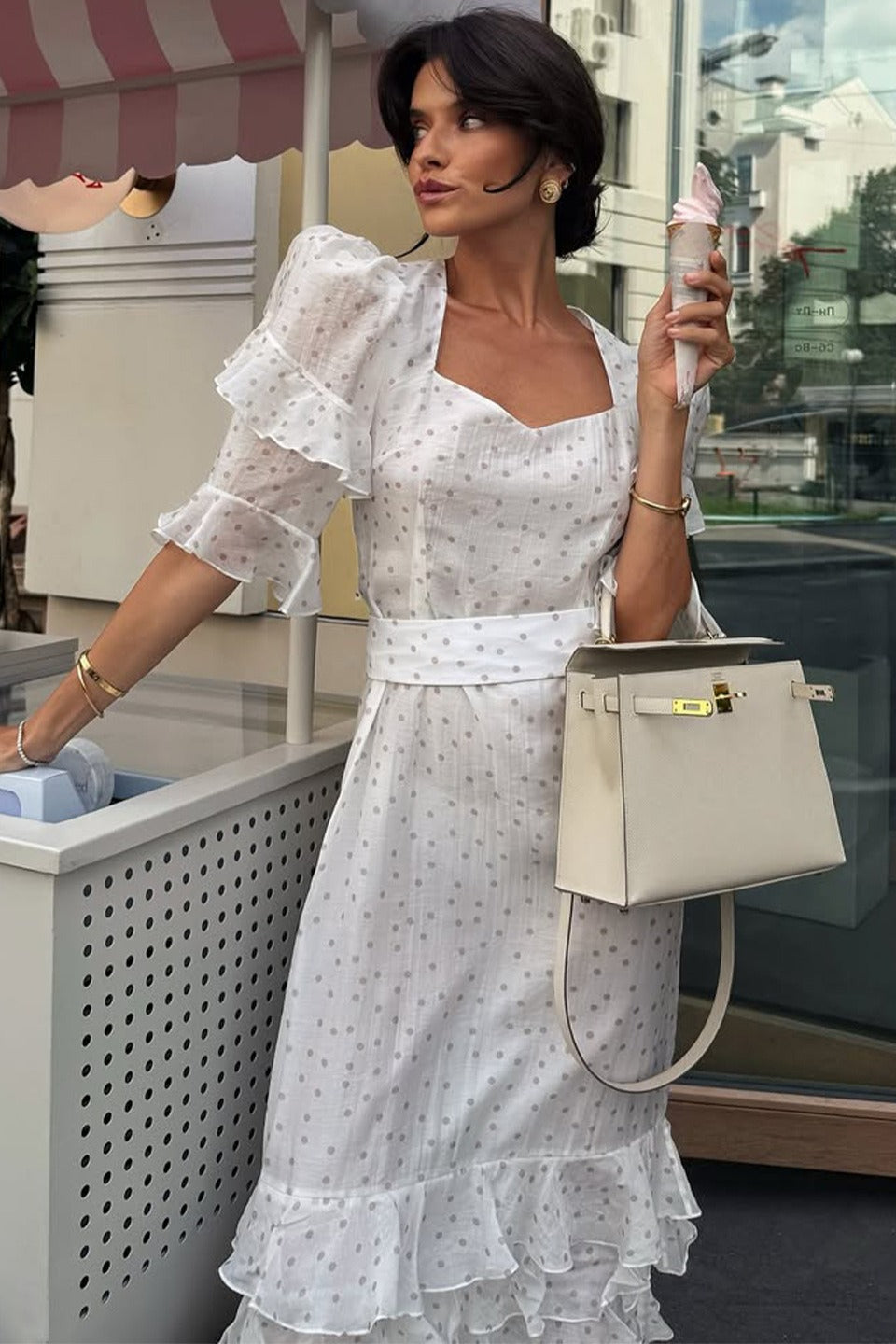 White Puff Sleeve Ruffled Bodycon Maxi Dress Secondary image