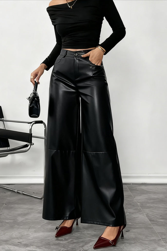 High Waist Fluid Black PU Leather Wide Leg Pants Main image