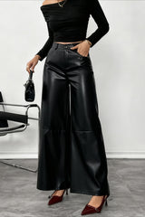 High Waist Fluid Black PU Leather Wide Leg Pants