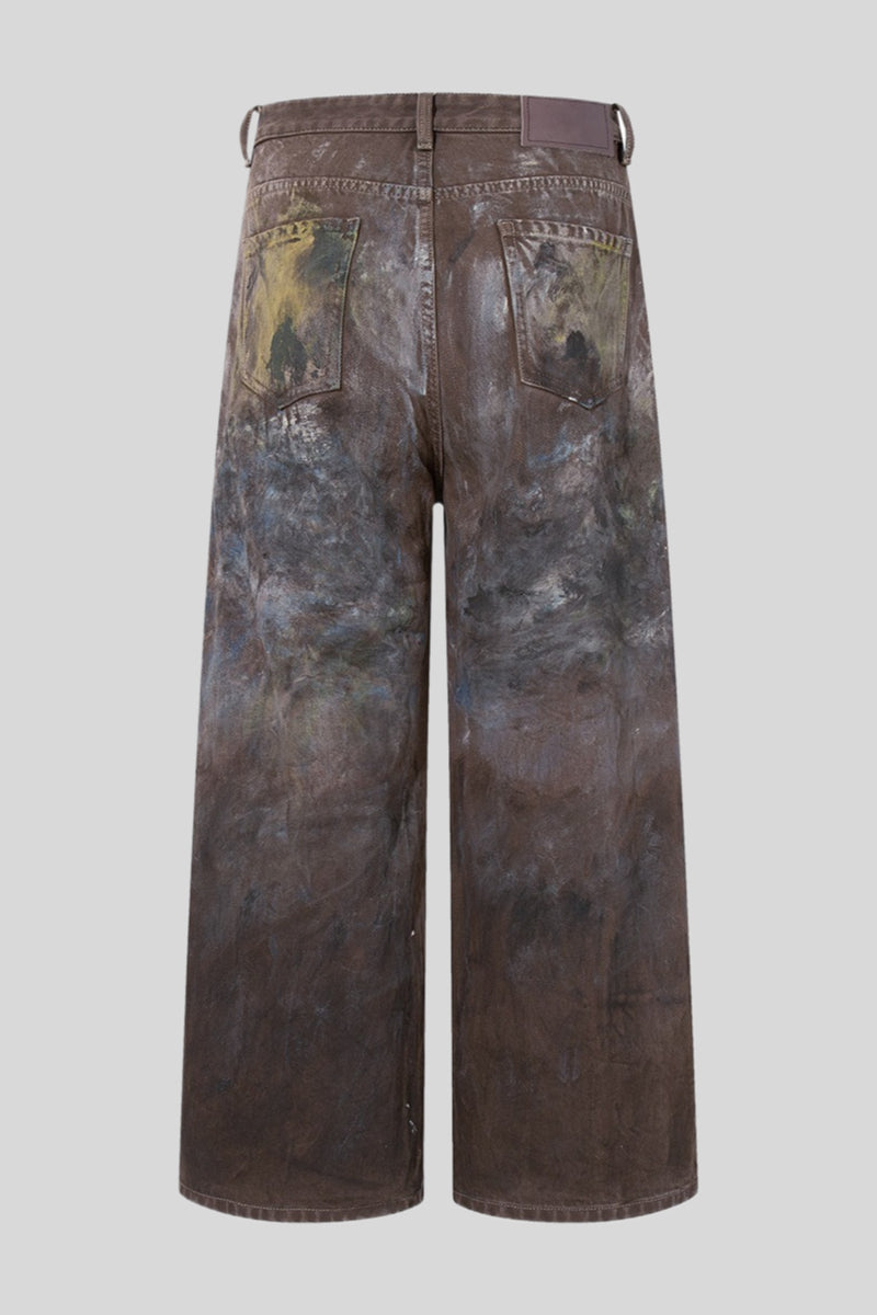Dirty Wash Paint Splatter Wide Leg Jeans