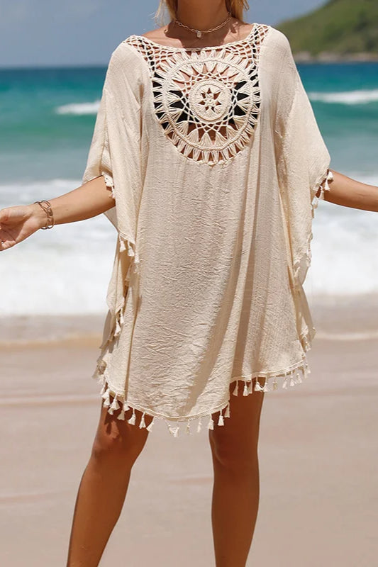 Crochet Cover Up Boho Dress Beige / One Size Main image