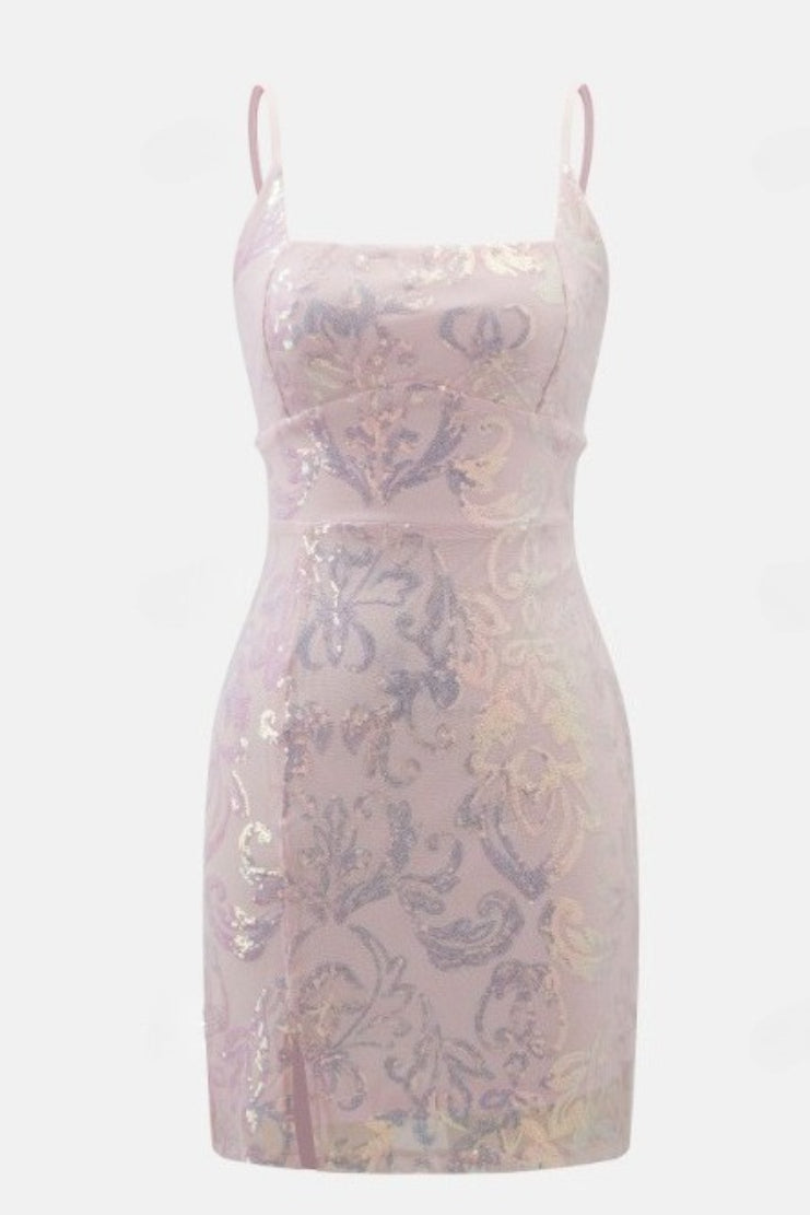 Floral Sequin Square Neck Cocktail Dress