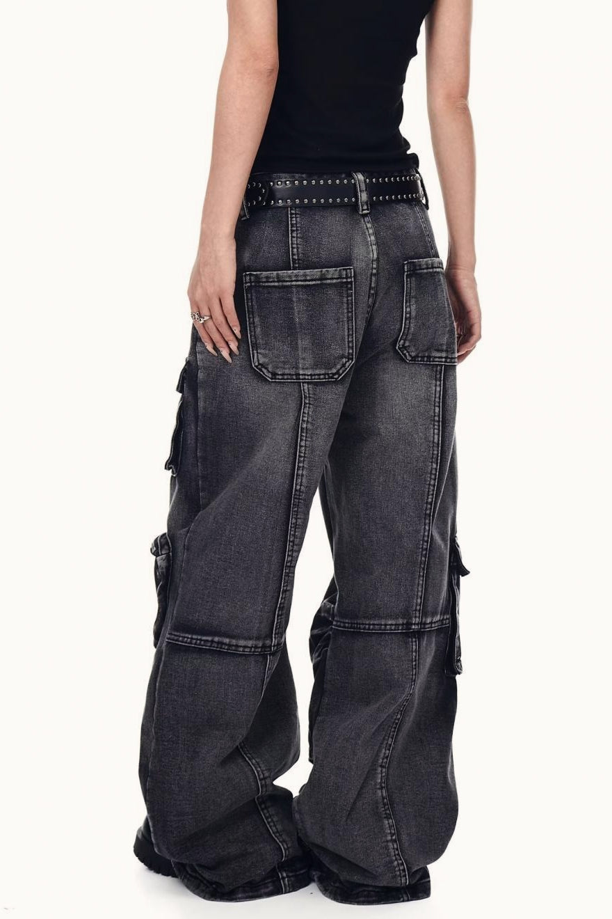 Distressed Washed Utility Multi Pocket Loose Jeans Secondary image