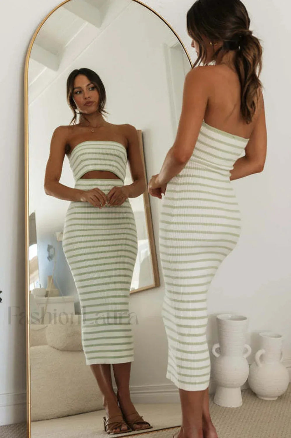 Adelaide Stripe Cutout Charming Rib Midi Tube Dress