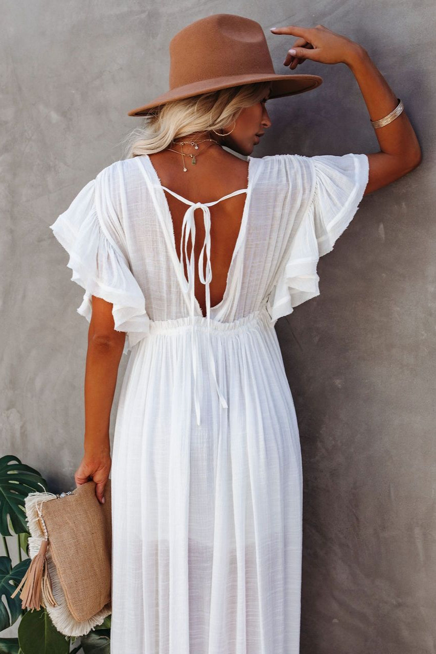 Button Front Drawstring Waist Maxi Boho Dress