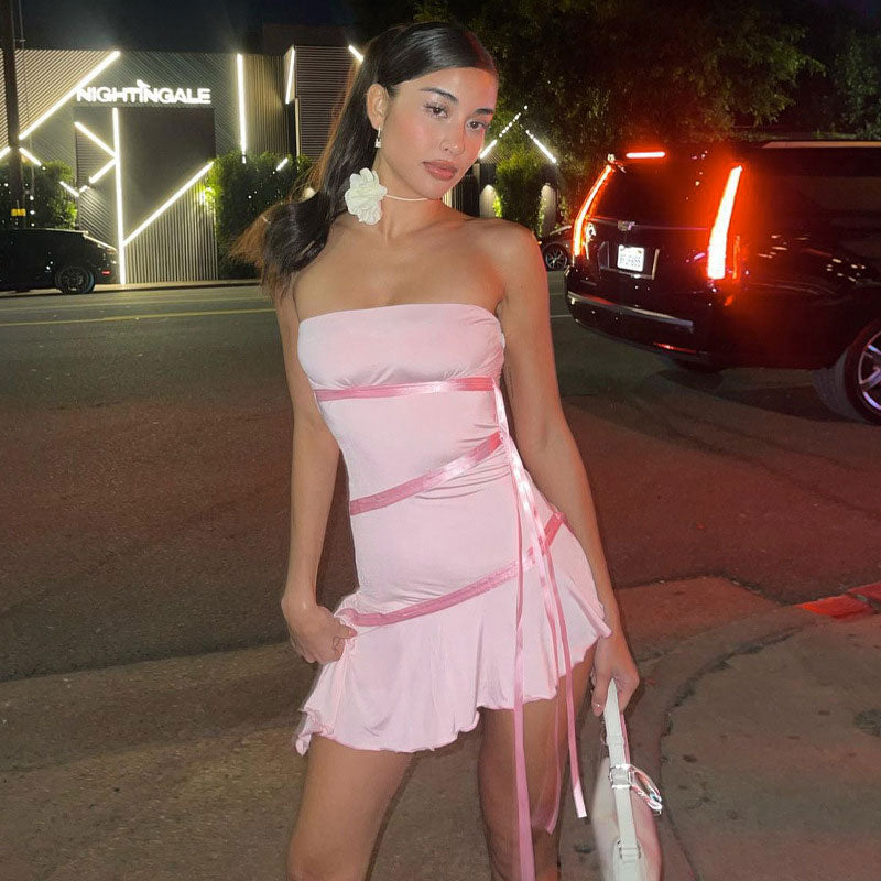 Adorable Solid Color Ribbon trim Ruffle Hem Strapless Mini Dress Pink S / Pink Party Dresses L