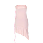 Adorable Solid Color Ribbon trim Ruffle Hem Strapless Mini Dress Pink Party Dresses L