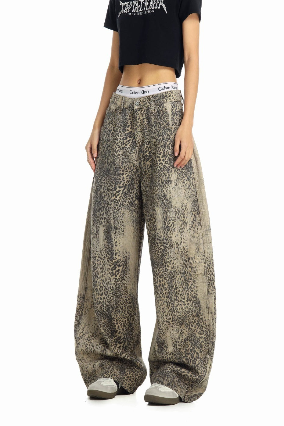 Leopard Print Cargo Wide Leg Jeans