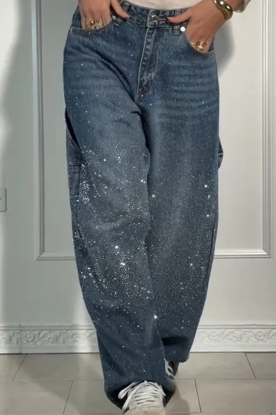 Allover Rhinestone Washed Wide Leg Jeans Main image