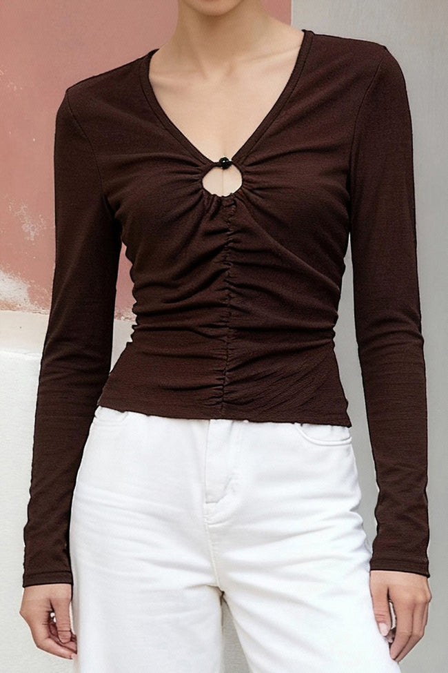 Brown V Neck Button Detail Slim Fit Knit Long Sleeve Tee Main image