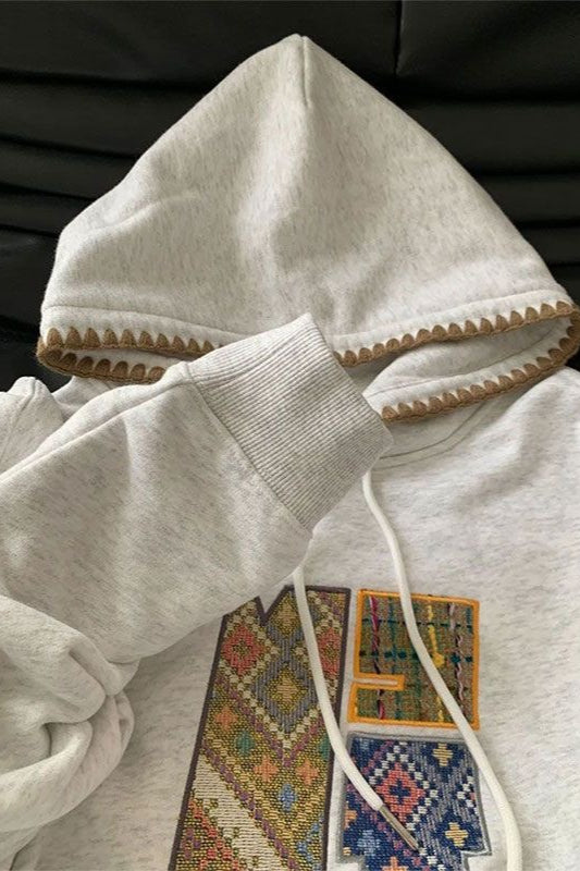 Crochet Trim Graphic Pullover Fleece Hoodie