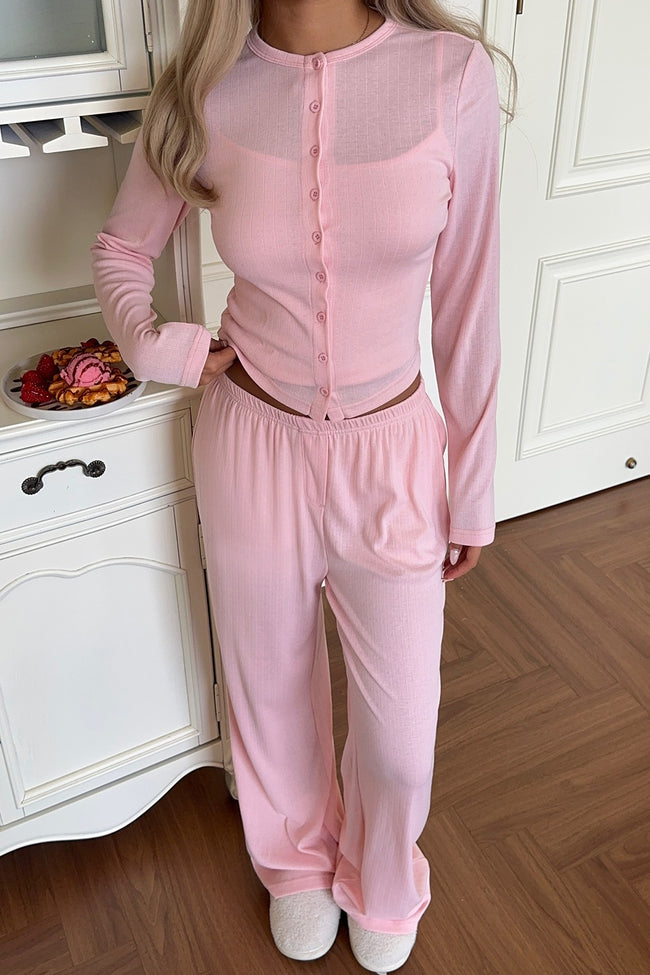 Button Front Cardigan Wide Leg Pants Set Main image