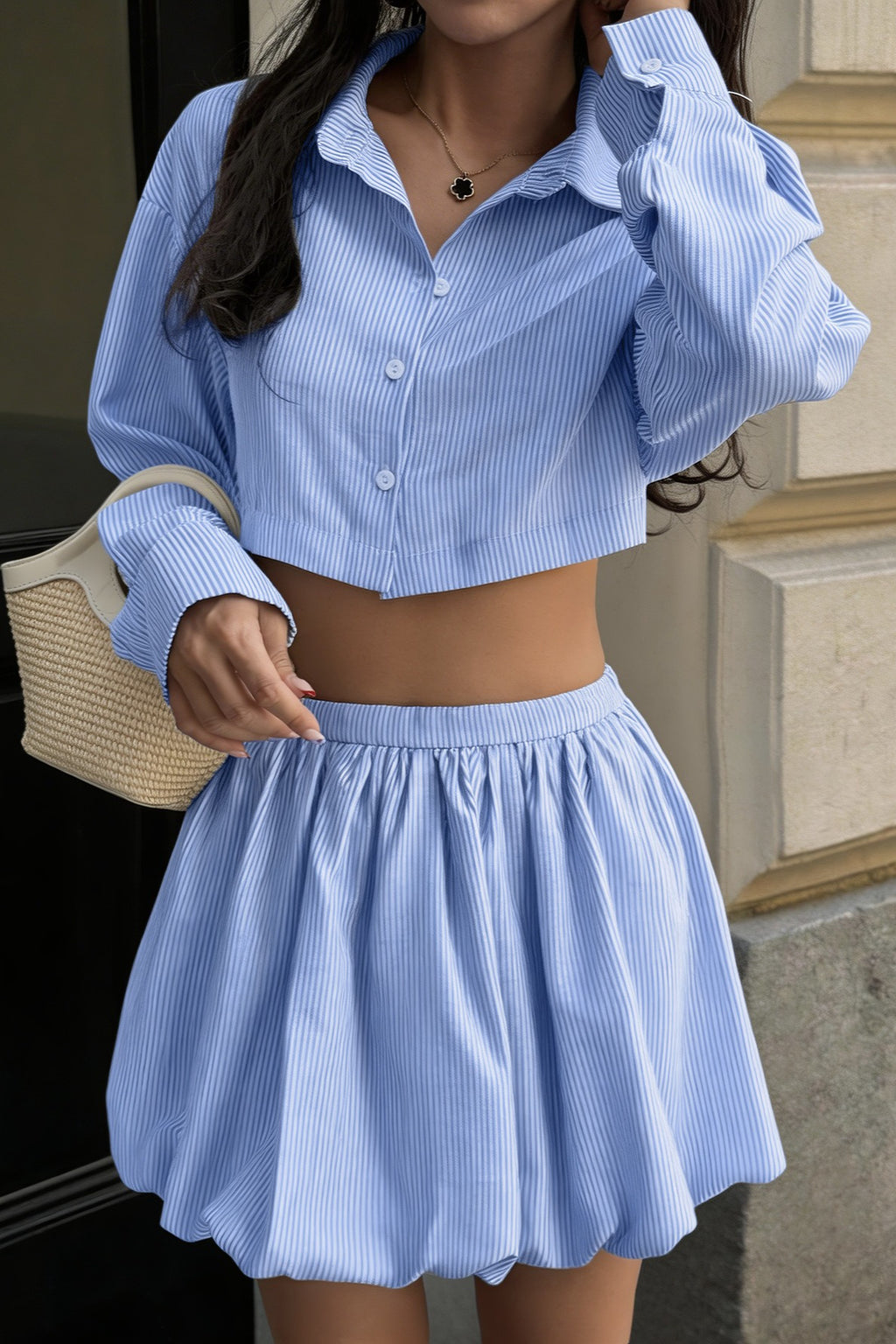 Blue White Stripe Bubble Hem Skirt Set