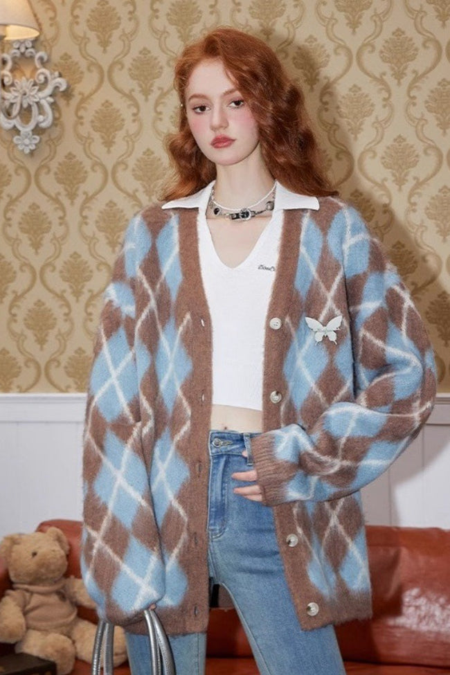 Relaxed Diamond Pattern Cardigan S / Blue Main image
