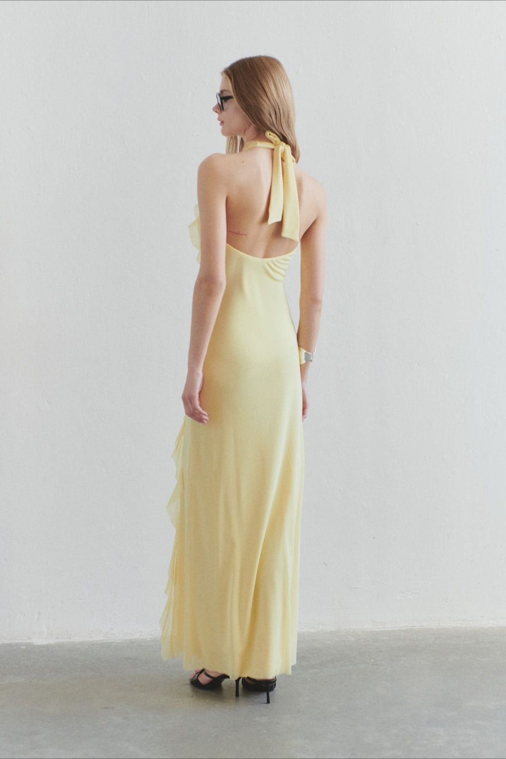 Solid  Halter Deep V Back Lace Detail Long Prom Dress