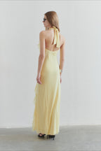 Solid  Halter Deep V Back Lace Detail Long Prom Dress