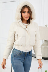 Short High Waist Faux Fur Hood Puffer Jacket