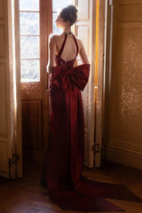 Sequin Burgundy Halter Mermaid Train Prom Dress