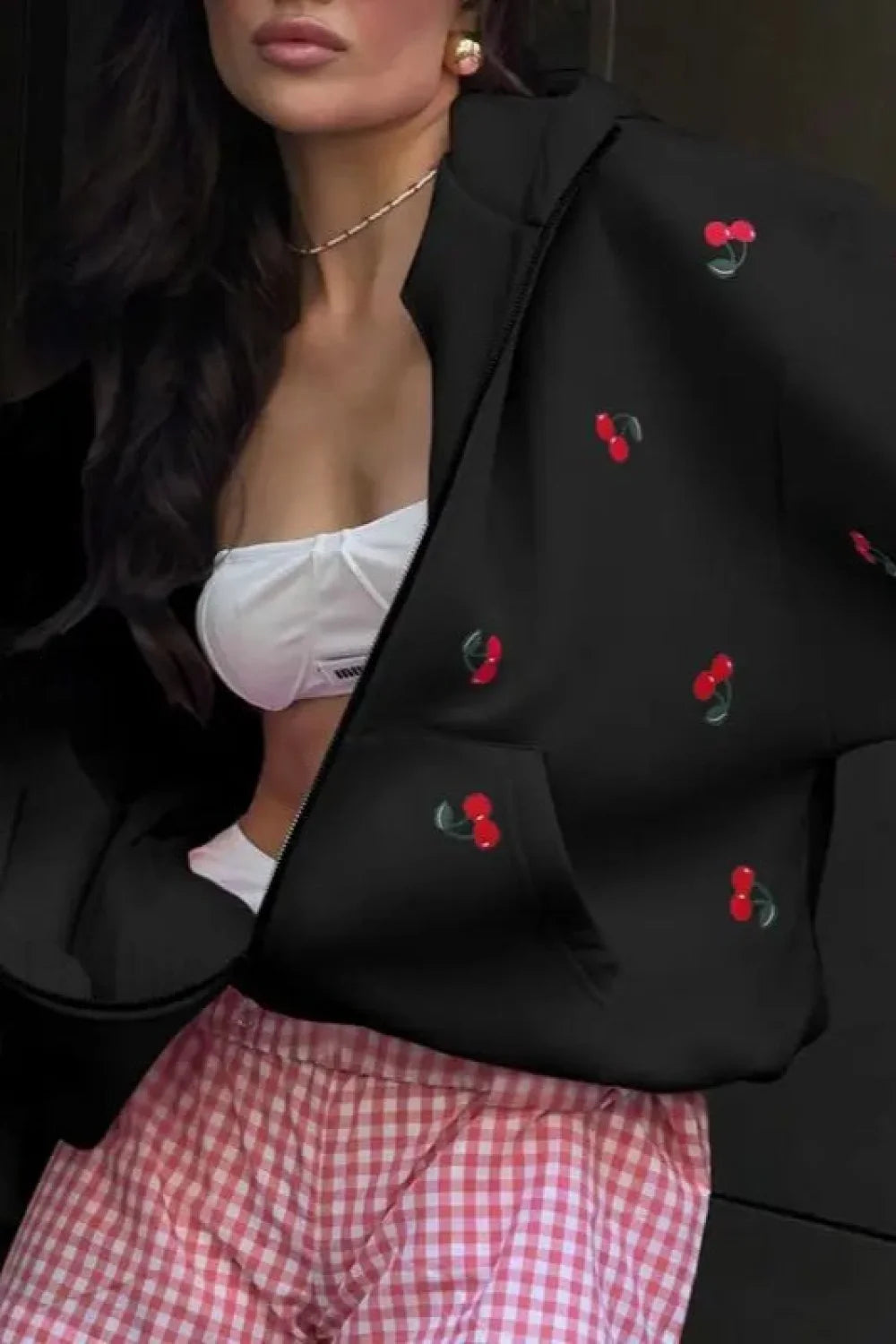 Aesthetic Cherry Print Hoodie Black / S