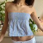 Aesthetic Gingham Smocked Tube Ruched Bandeau Crop Top blue / S