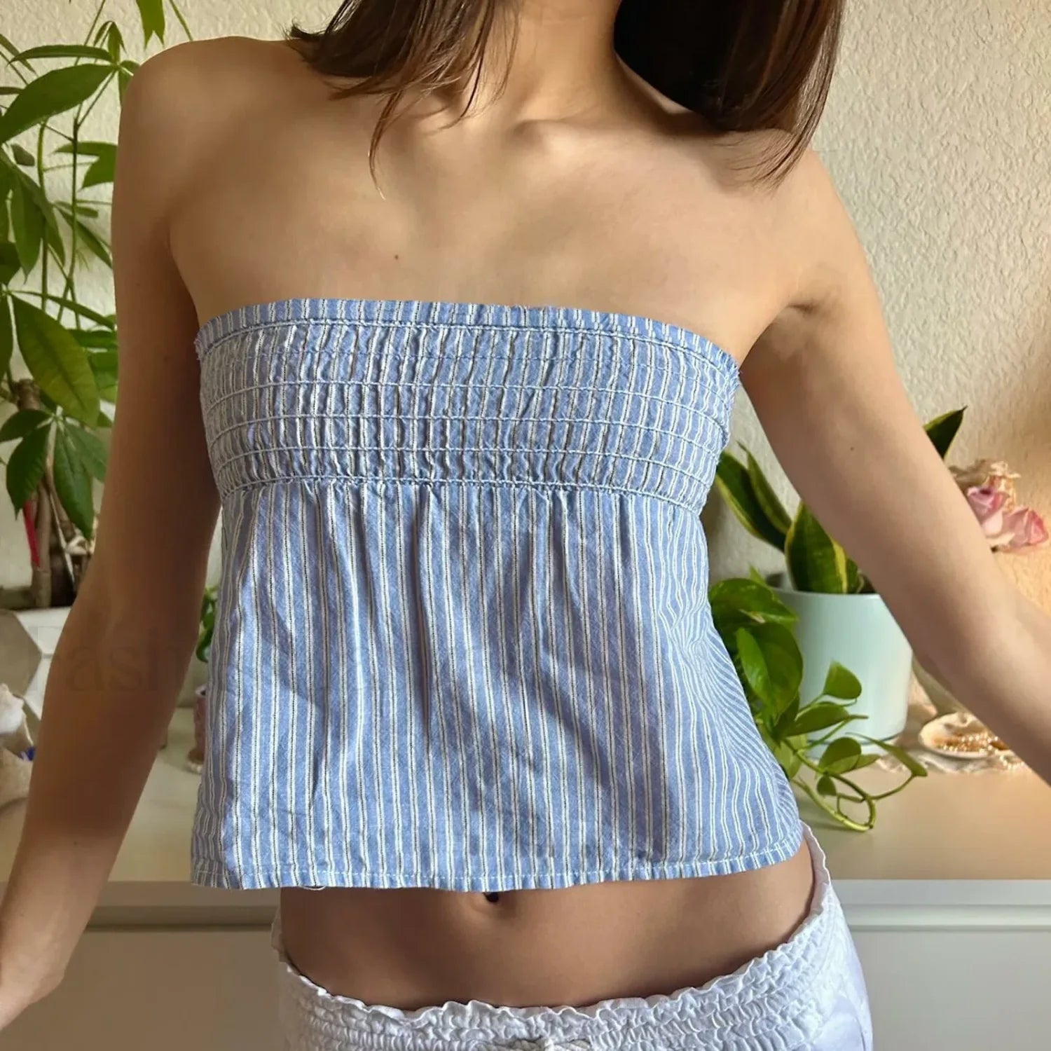 Aesthetic Gingham Smocked Tube Ruched Bandeau Crop Top blue / S Main image