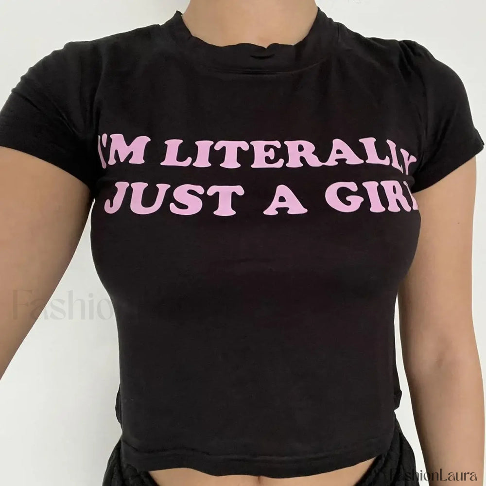 Aesthetic Letter Print Crop T Shirt Black / S