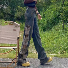 Aesthetic Side Graceful Butterflies Patchwork Jeans Vintage blue / 2XL women clothing