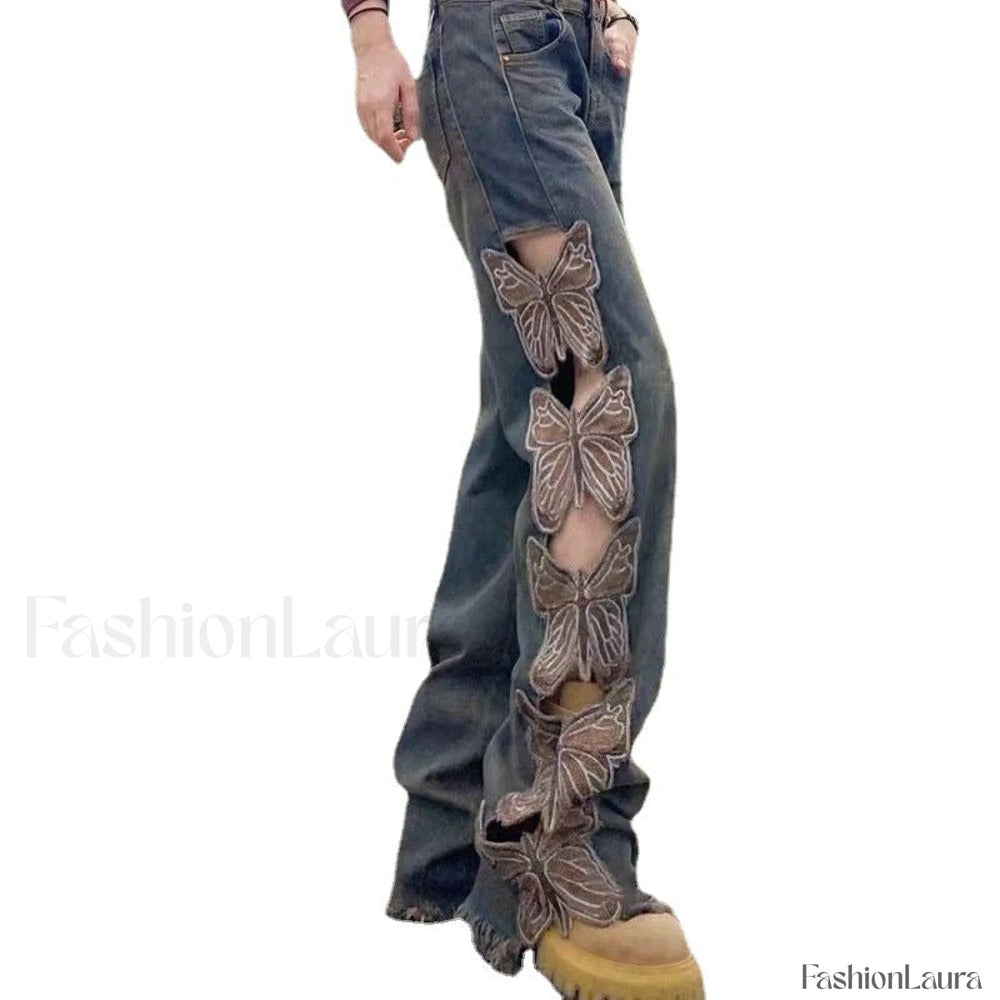 Aesthetic Side Graceful Butterflies Patchwork Jeans women clothing