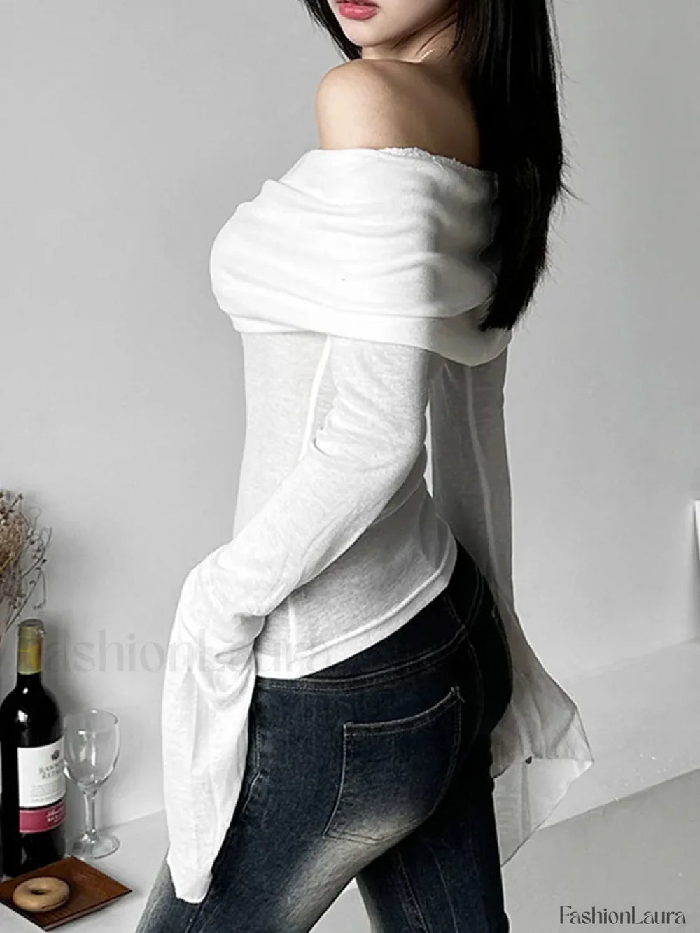 Aesthetic Slash Neck Long Sleeve Tee