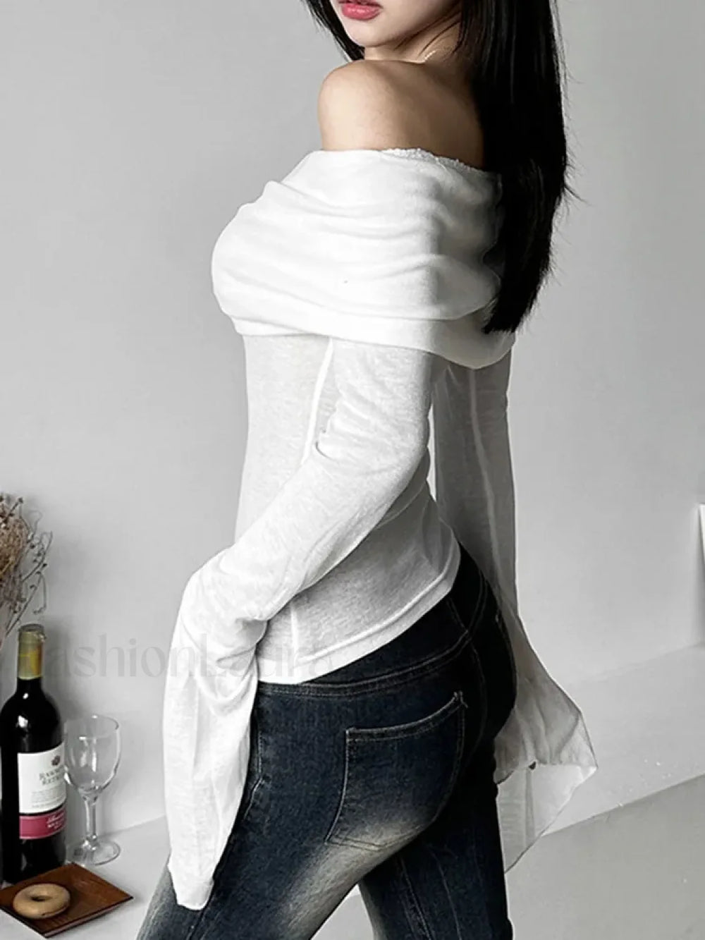 Aesthetic Slash Neck Long Sleeve Tee