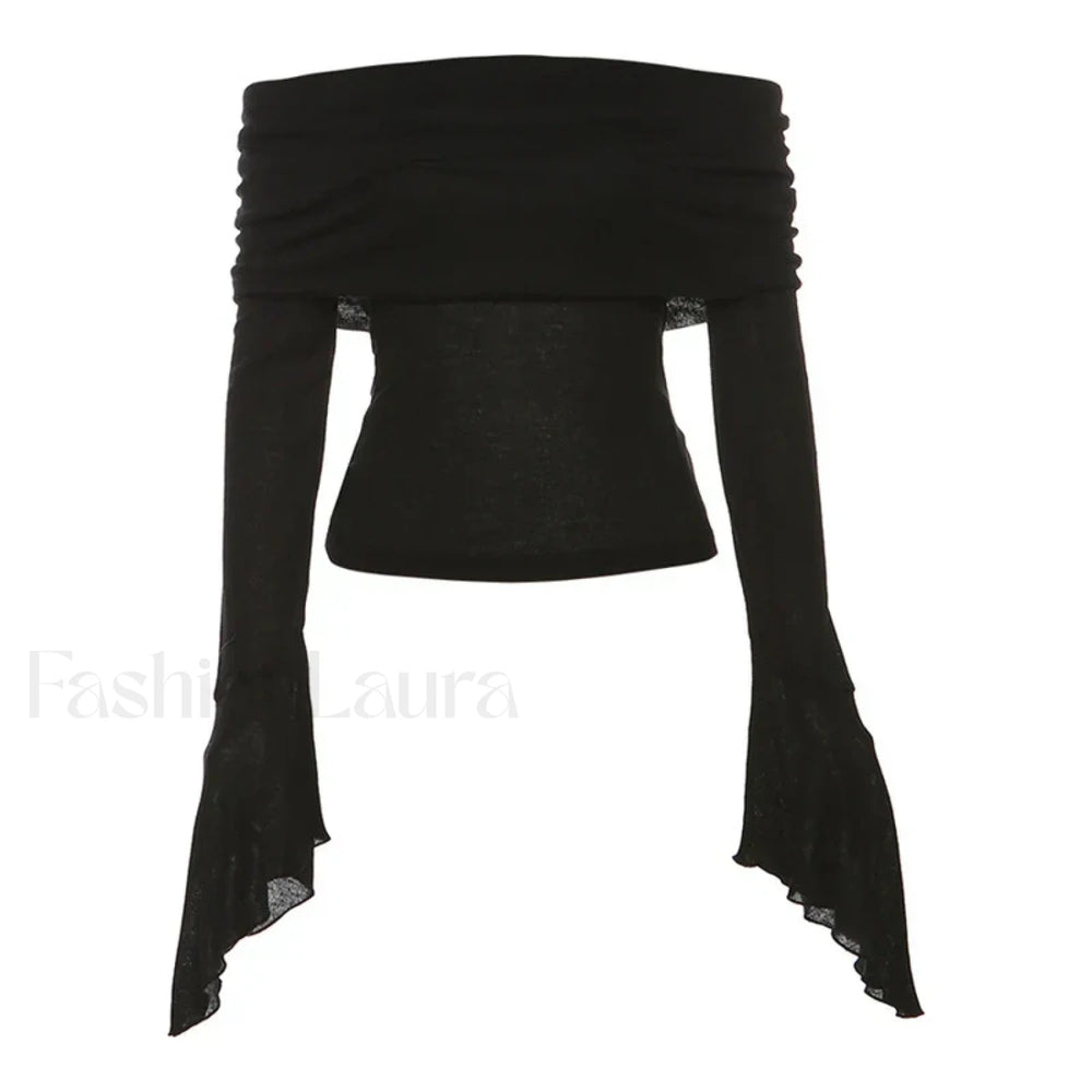 Aesthetic Slash Neck Long Sleeve Tee Black / S