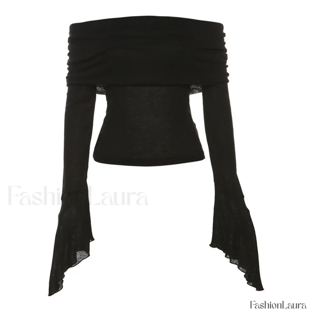 Aesthetic Slash Neck Long Sleeve Tee Black / S