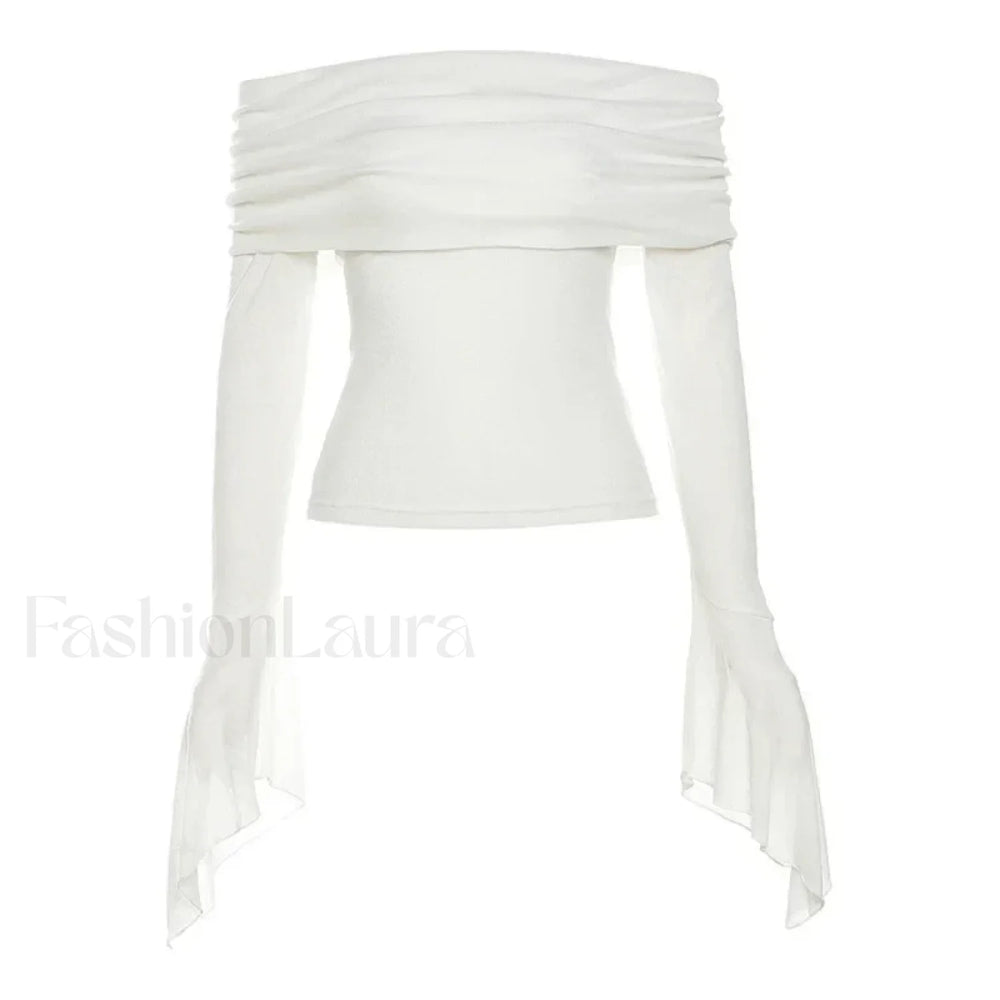 Aesthetic Slash Neck Long Sleeve Tee WHITE / S