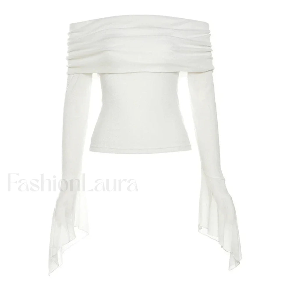 Aesthetic Slash Neck Long Sleeve Tee WHITE / S