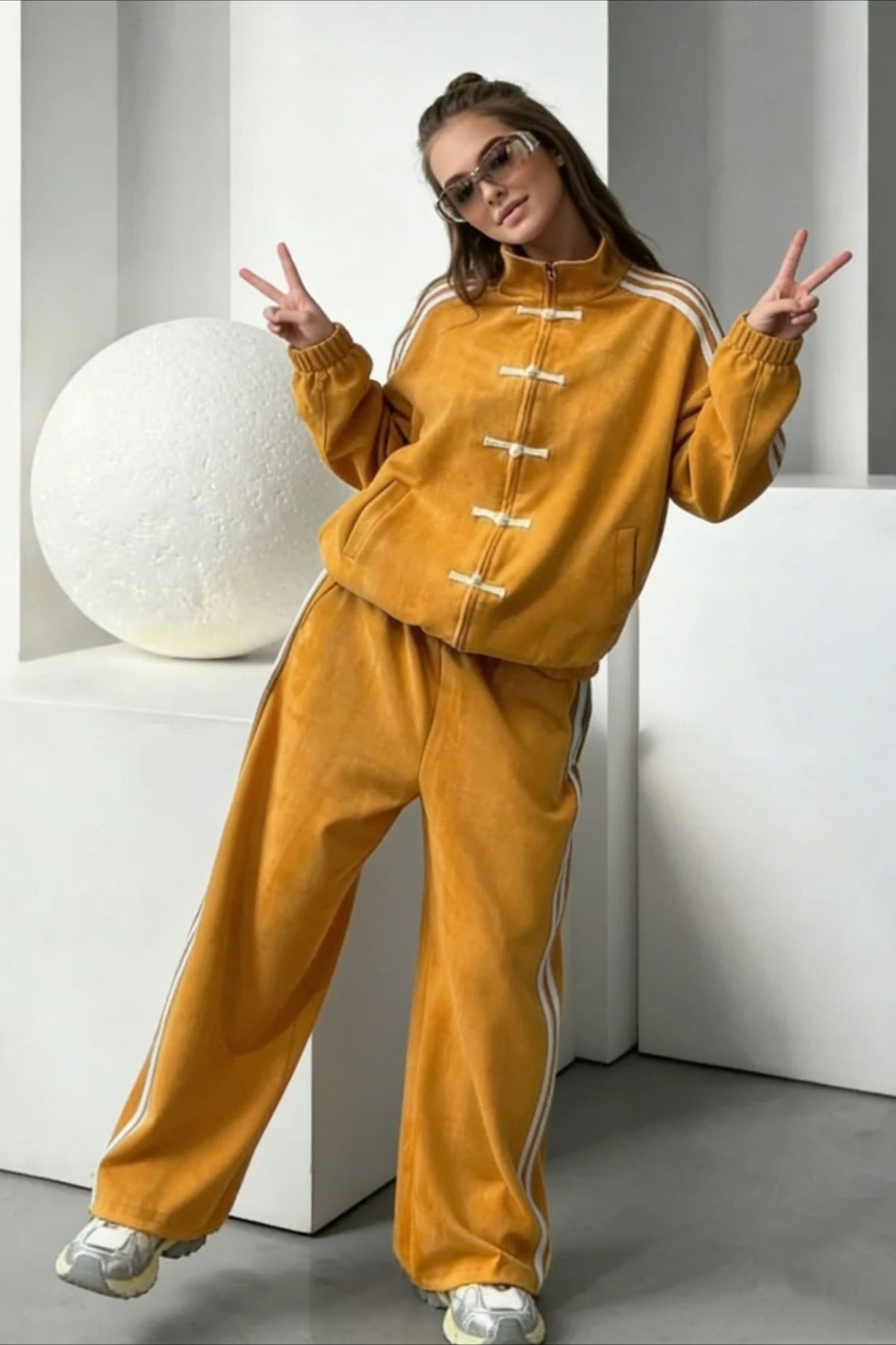 Stand Collar Suede Jacket Wide Leg Two Piece Set