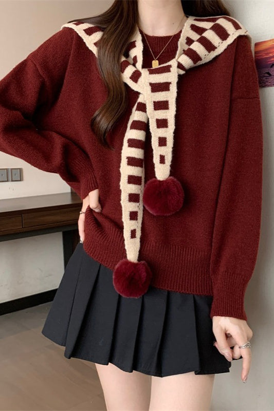 Striped Shawl Collar Pom Pom Solid Sweater Main image