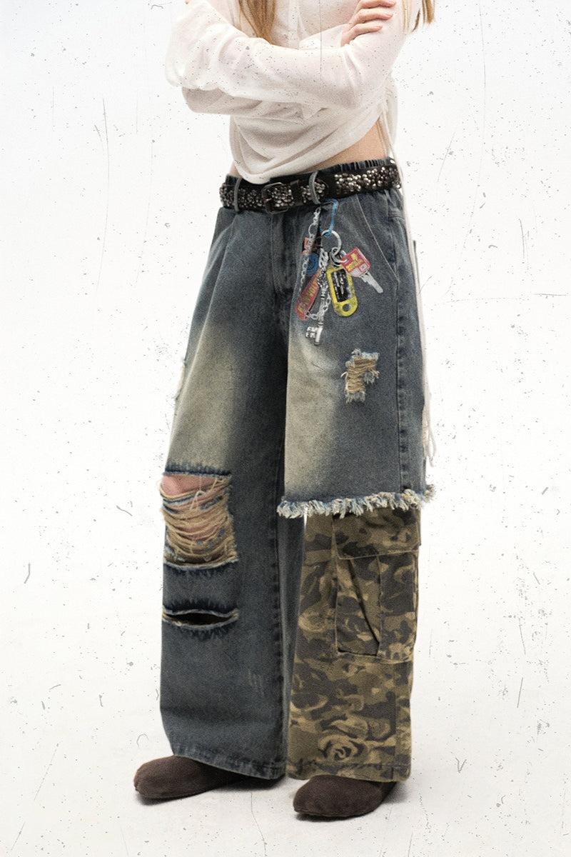 Camo Panel Distressed Wide Leg Jeans