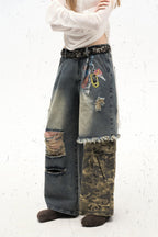 Camo Panel Distressed Wide Leg Jeans