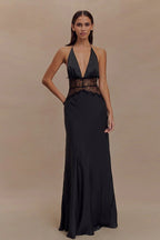 Lace Inset Halter Satin Formal Dress